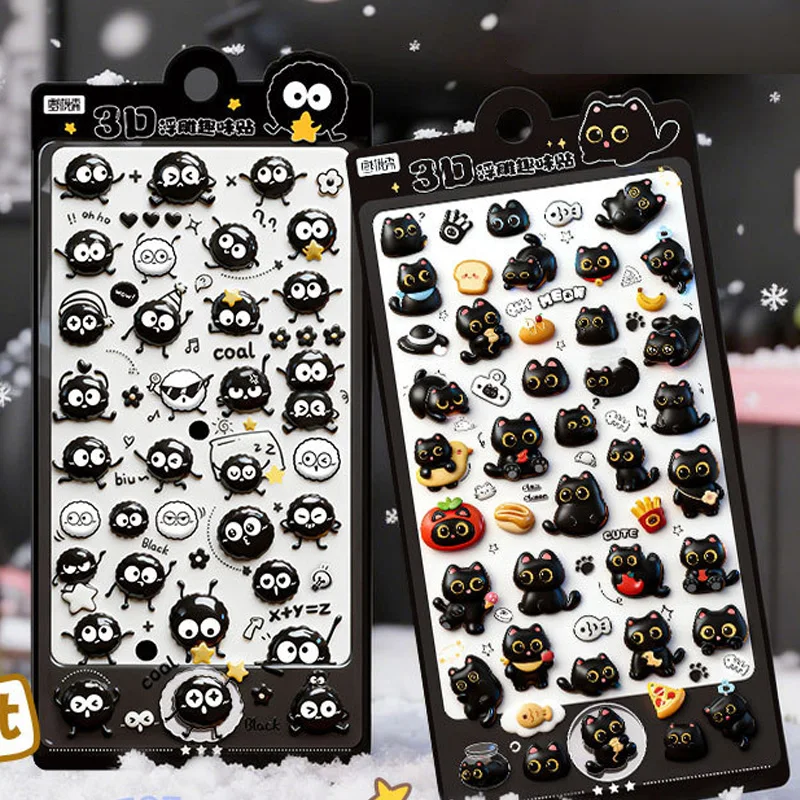 

1Pc/2Pcs Cute Black Cat Coal Ball Elf Theme 3D Sticker Creative For Office Greeting Card Photo Frame Decoration New Year Gift