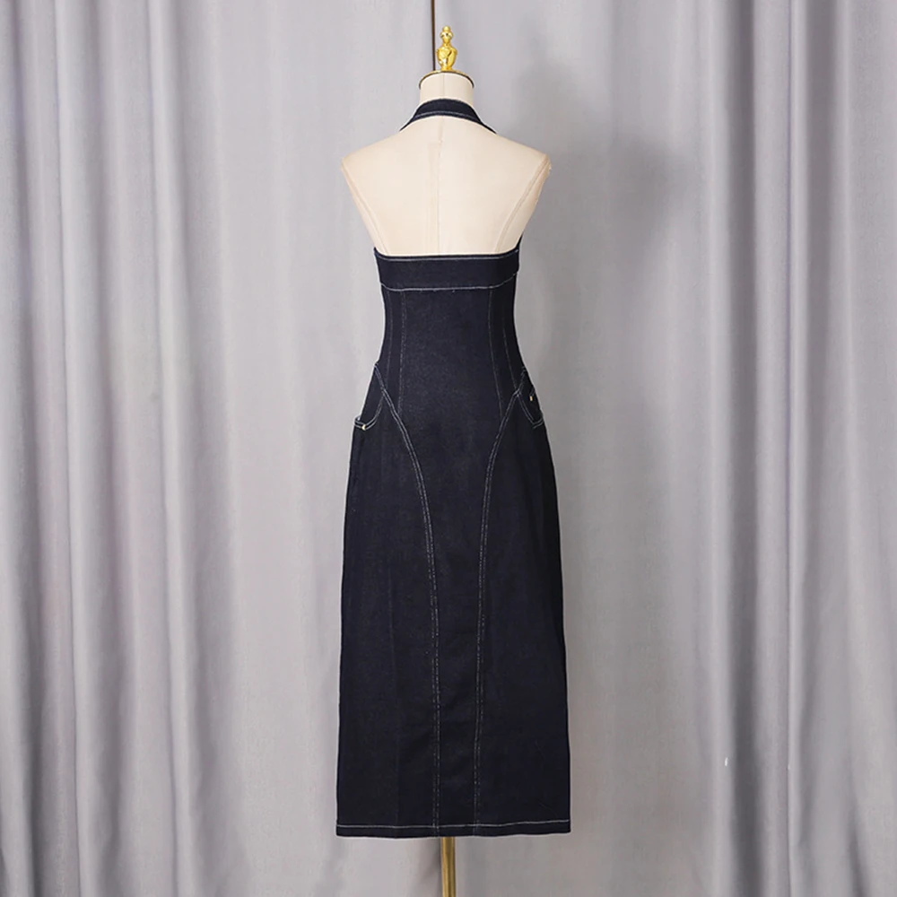 Sukienka długa w stylu europejskim i amerykańskim, nowość na zimę 2025, modna, elegancka, seksowna, z odkrytymi plecami, zapinana na zamek, z dekoltem typu halter.