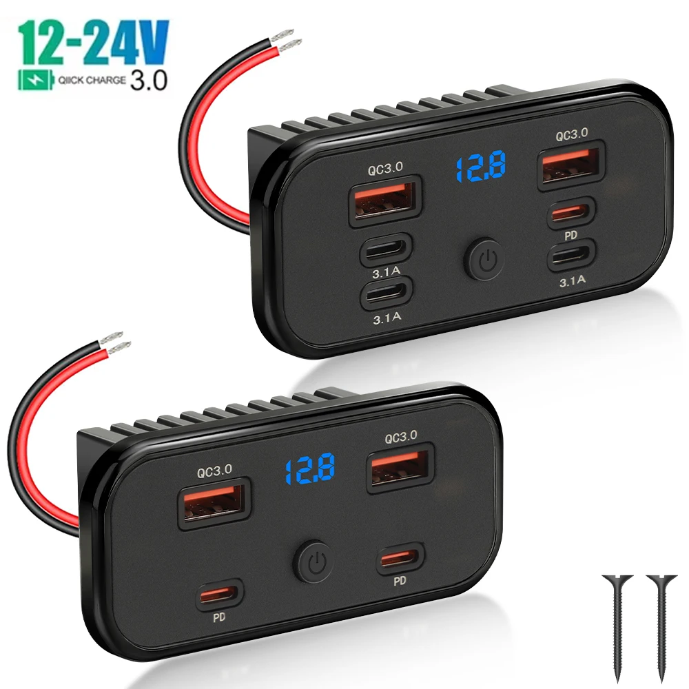 Qc3.0 30W Pd C 18W Usb 111W Fast Charger 3.1A with Switch Voltage Display 6-Port Power Panel for Bus Atv Car Truck Marine