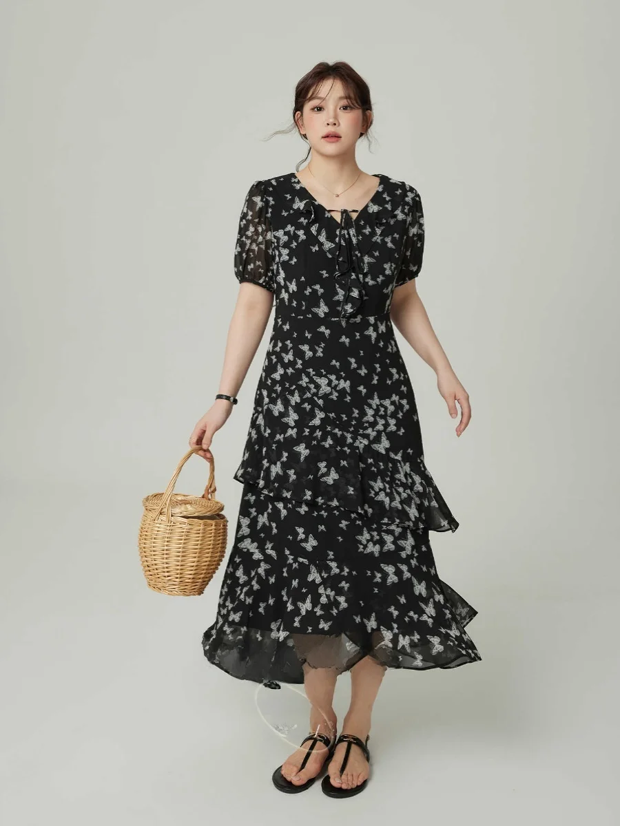 

plus Size Women's Summer Dress V-Neck Floral Print Loose Chiffon A-Line Midi Dress Korean Style Commute Wind High Waist