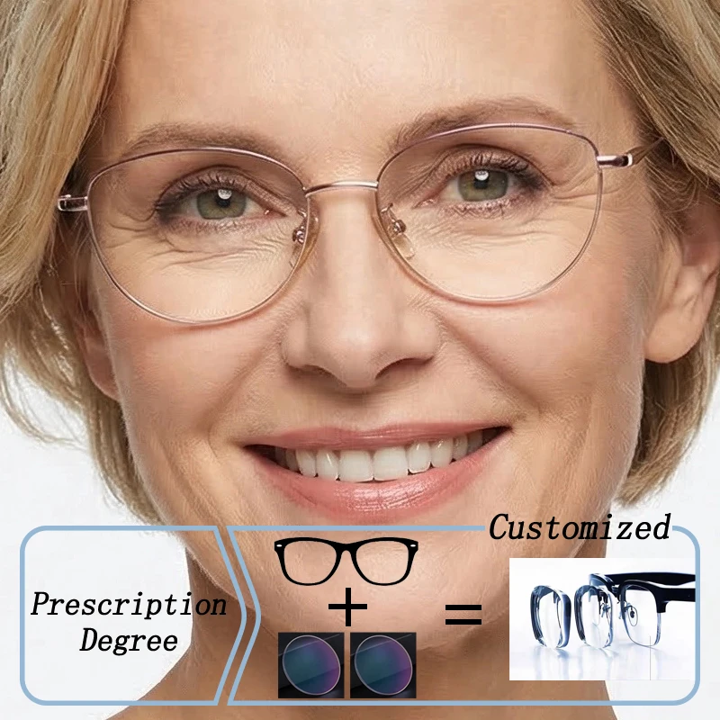 

Brand Design Retro Women Cat Small TItanium Frame Hyperopia Photochromic Prescription Glasses Anti Blue Ray Myopia Astigmatism