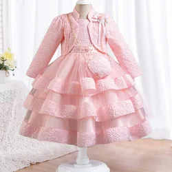 New Girls' Jacquard Pattern Dress three Piece Gorgeous Christmas Performance Dress Autumn Girls' Party Prom 3-10 Years Old