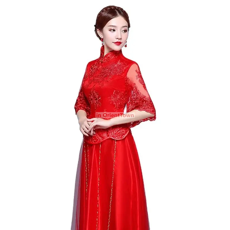 Dame Rot Qipao Traditionelle Chinesische Kleidung Orientalisches Hochzeitskleid alte Vestidos Asiatische Braut Ehe Cheongsam Anzug