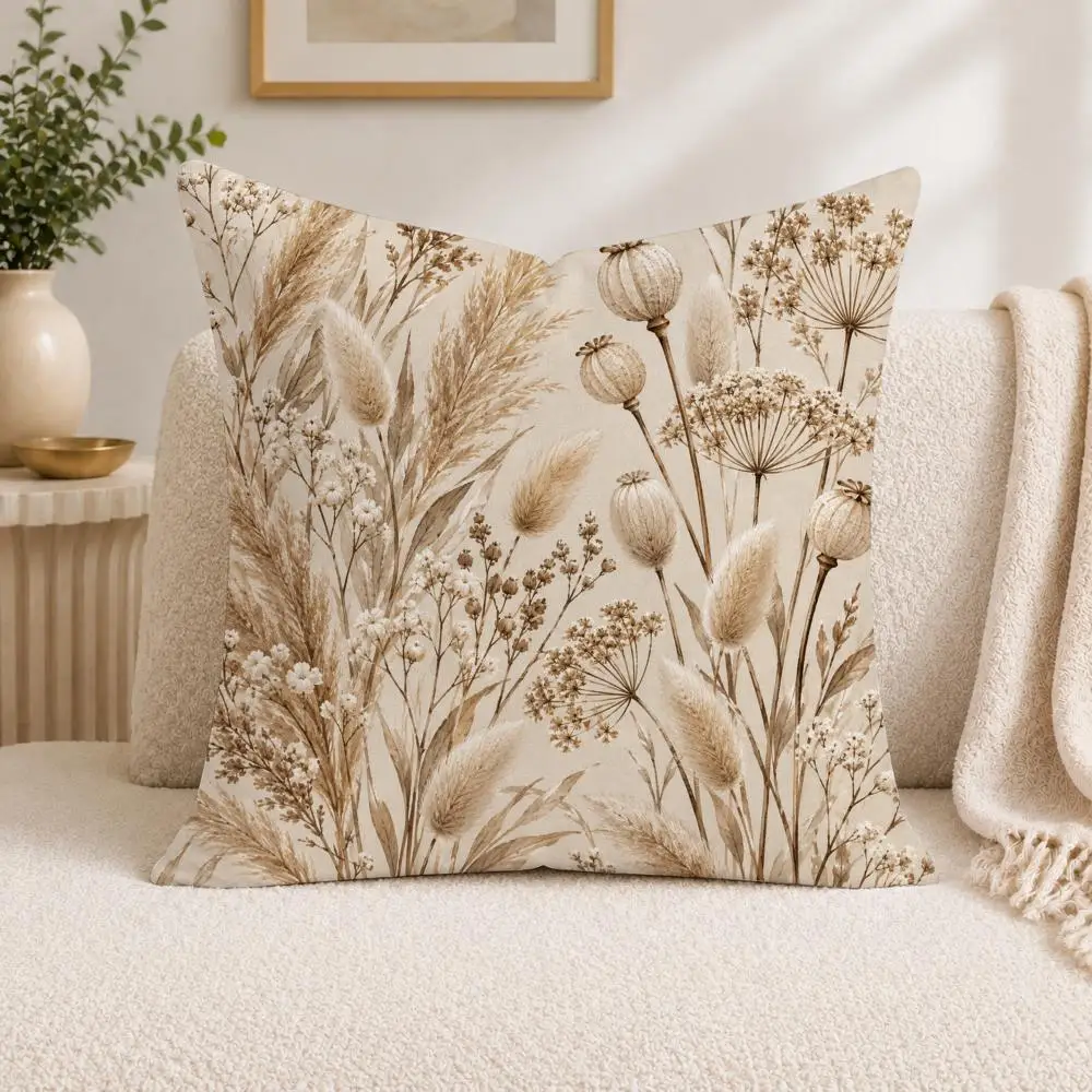Elegant Beige Botanicals Cushion Cover Square Decorative Sofa Pillow Case Bedroom Living Room Home Decor Gift