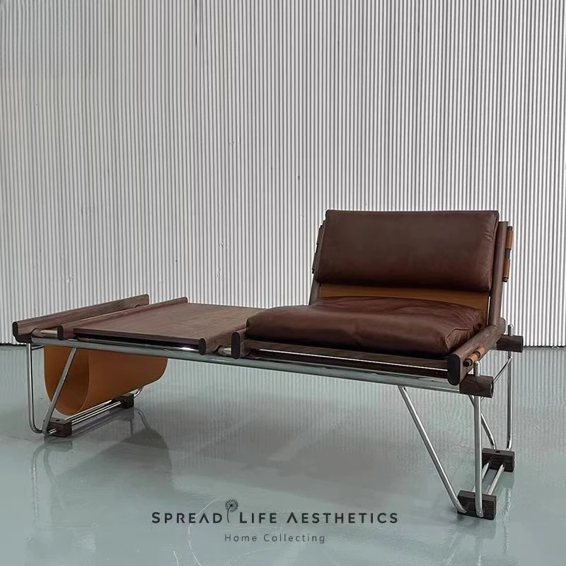 Designer reading chair, stainless steel recliner, light luxury milk leather sofa chair Internet celebrity