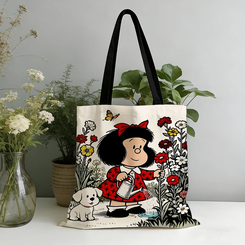Bolsa de mano vintage con diseño de niña de dibujos animados y cachorro, con una linda escena de riego, detalles en rojo vibrante y detalles de mariposas, 1 unidad
