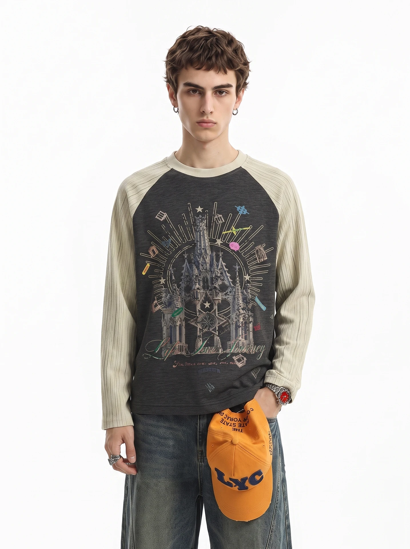 American High Street Castle Print Color Block Long Sleeve T-Shirt Men's Vintage Subculture Short Wide Top Youth Fashion