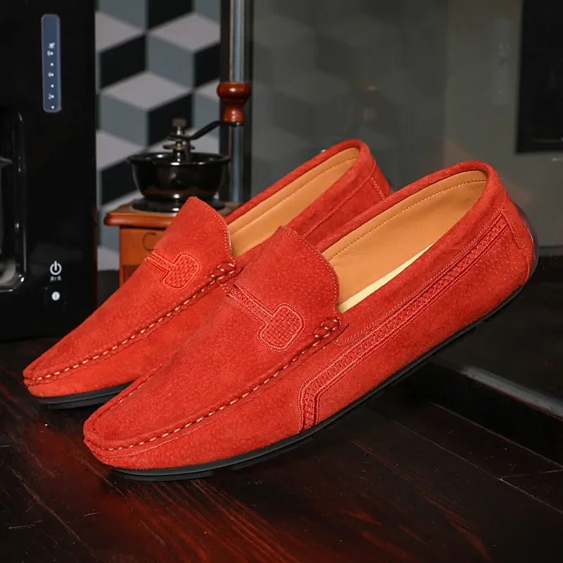 Genuine Leather Mens Loafers Zapatos De Hombre Formal Dresses Men Shoes Business Casual Green Orange Moccasin Sneakers Flats