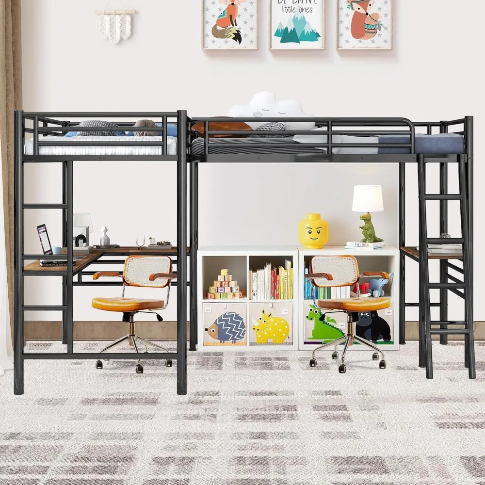 Twin Size L-Shaped Loft Bed 2 Built-in Desks, Metal Loft Corner Bed 2 Ladders and Safety Guard Rail, Heavy-Duty Bunk Bed for 2