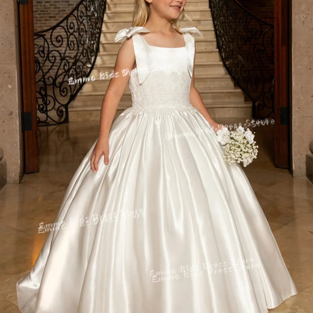 

Custom Simple Flower Girl Dress Satin Bow Children's Girl A-line Wedding Bridesmaid Dress Pageant First Communion Dress
