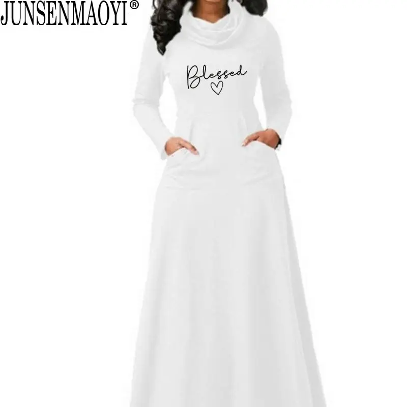 Blessed Letter Print Dress Fashion Women With Pocket Long Sleeve Christian 90s Girl Aesthetic Faith Jesus dresses Long Elegant