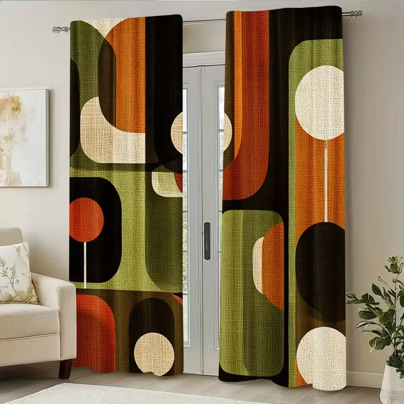Retro Abstract Curtains Geometric Circle Print with Orange Green for Living Room Bedroom Window Mid Century Decor