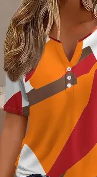 Plus Size 1XL-5XL Women's Spring and Summer Clothing Casual Color Blocked Short Sleeved T-shirt with Button Design on The Collar