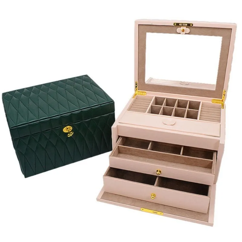 Leather Jewelry Storage Box Women Necklace Ring Pendant Boxes Large Jewellery Case with Lock Earrings Bracelet Organizer Cases