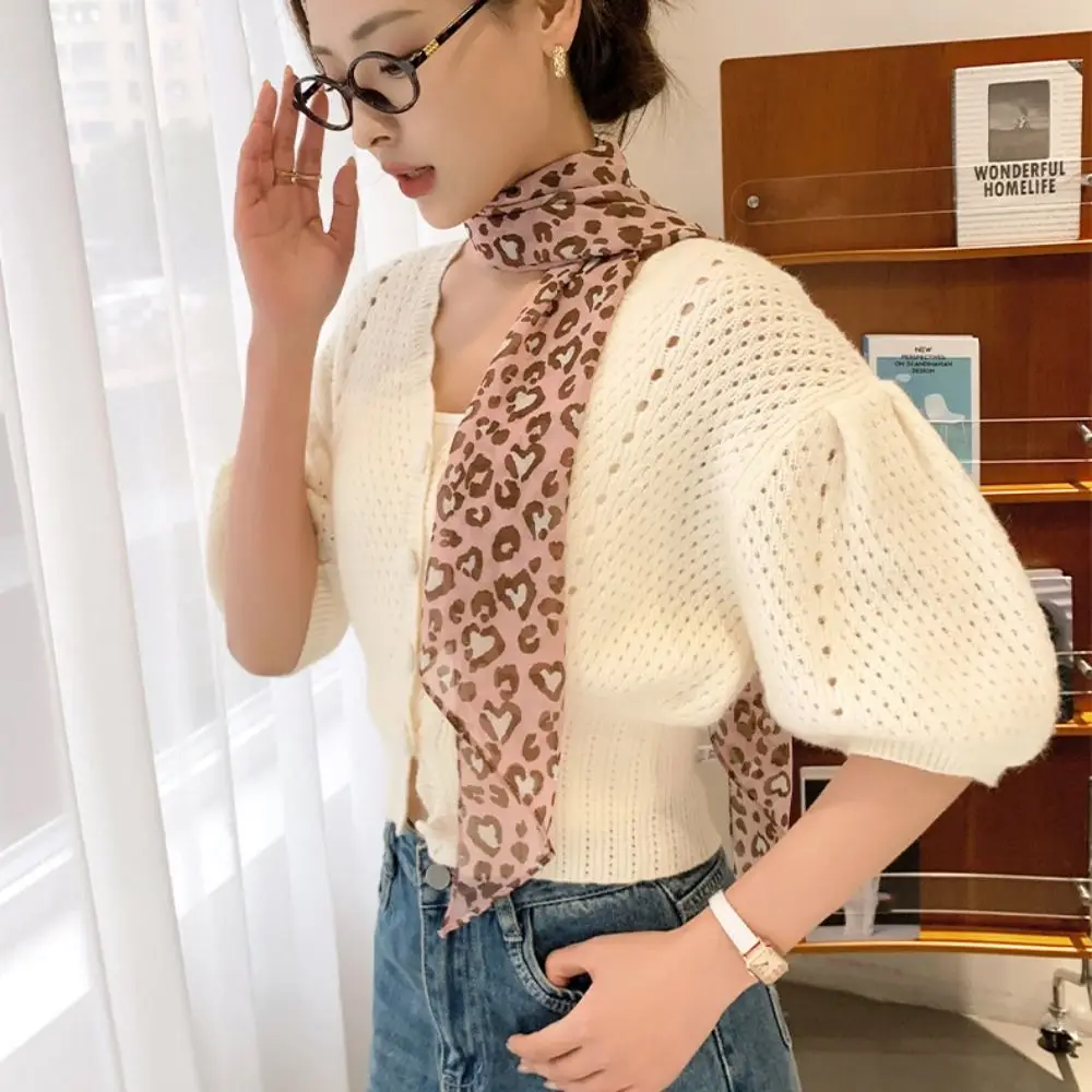 

Sweet Ribbon Leopard Print Scarf Thin Dressing Decoration Scarf Headband Hair Accessories Neckerchief Long Scarves Party