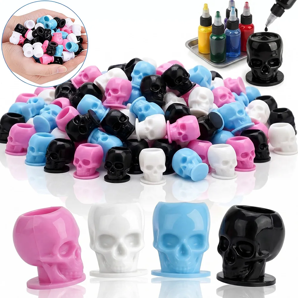 50/100/200pcs Tattoo Ink Cups Plastic Skull Shaped Tattoo Ink Caps Permanent Makeup Pigment Holder Container Tattoo Accessories