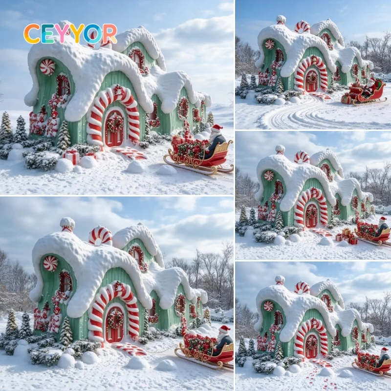 CEYYOR Christmas canvas Cute Candy Cane Gingerbread House Snowy Village Santa Claus Sleigh Gift Box Winter Snow Scene mehofond b