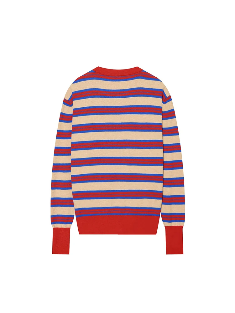 New Women Contrast Trim Sweater Crew Neck Fashion Striped Knit Top Spring Autumn Long Sleeve Female Casual Pullover Sweater
