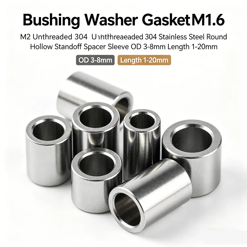 304 Stainless Steel Unthreaded Bushing Washer Gasket M1.6 M2 Round Hollow Standoff Spacer Sleeve OD 3-8mm Length 1-20mm Bushing