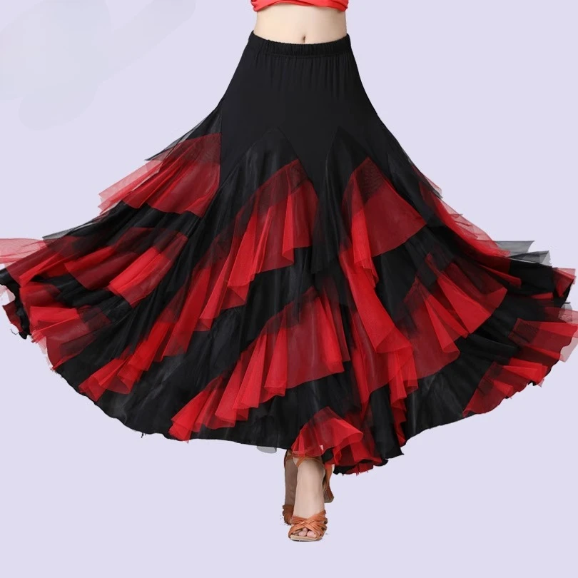 customized-women-adult-latin-dance-dress-mesh-contrasting-color-modern-ballroom-dance-big-swing-skirt-waltz-performance-costume