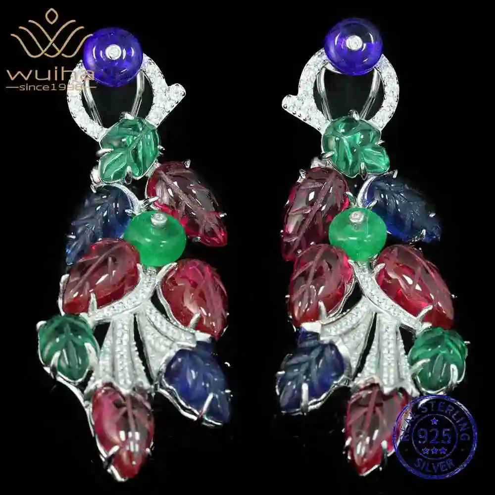 WUIHA Vintage 925 Sterling Silver Pear Cut Emerald Lab Sapphire Ruby Gemstones Drop Dangle Earrings Anniversary Fine Jewelry