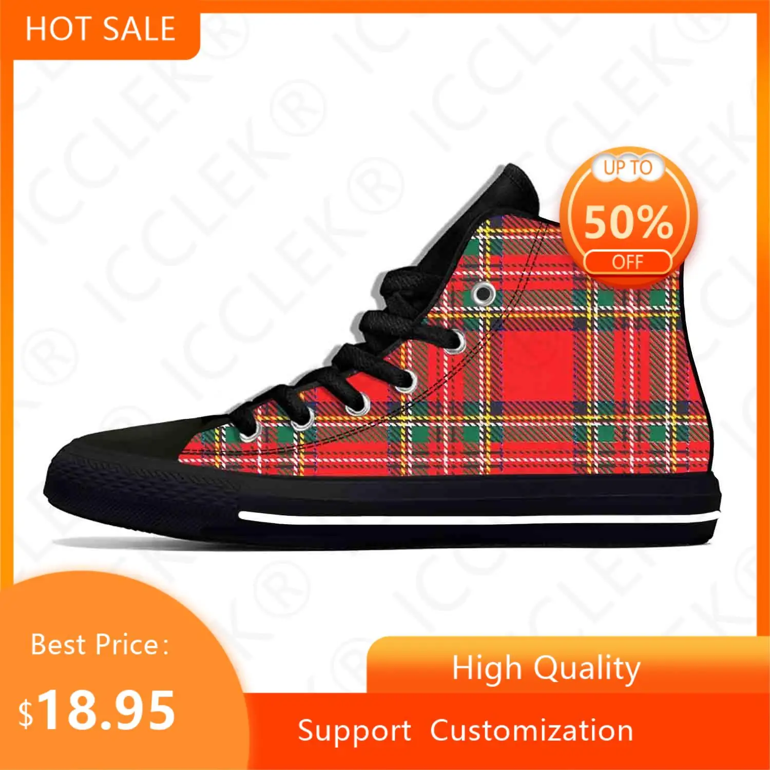 Red Scottish Stewart Clan Tartan Plaid Royal Cool Casual Shoes High Top Mens Womens Teenager Comfortable Breathable Sneakers