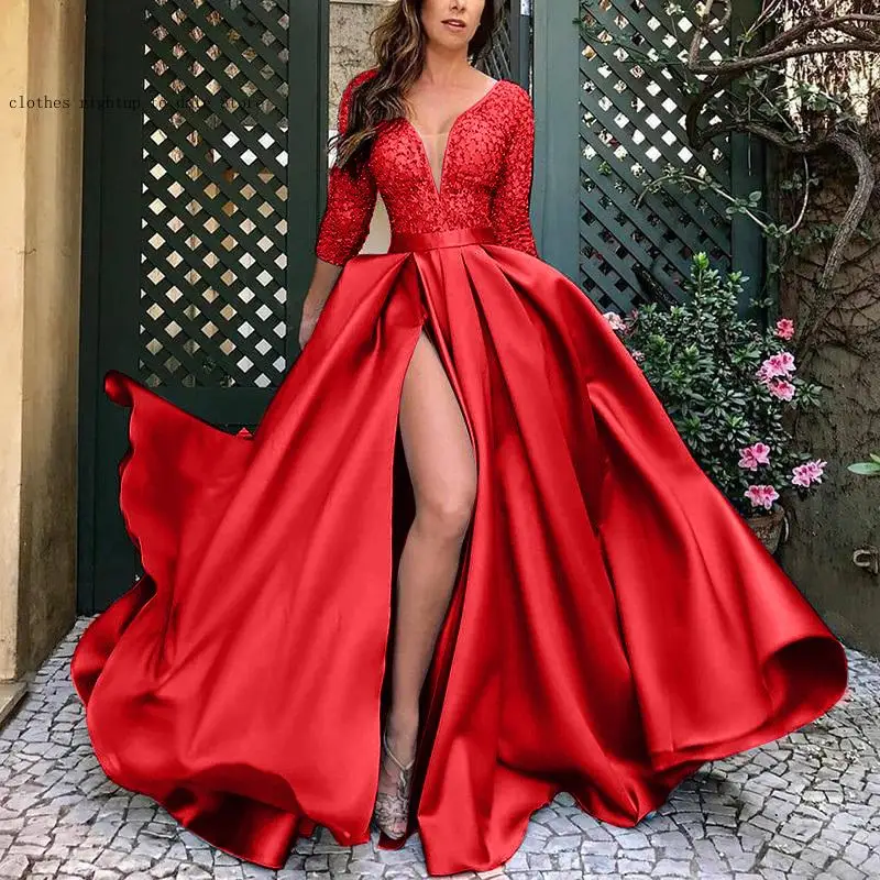 European and American Women's Lace Bead Large Display Sexy Long Skirt Trailing Banquet Evening Gown
