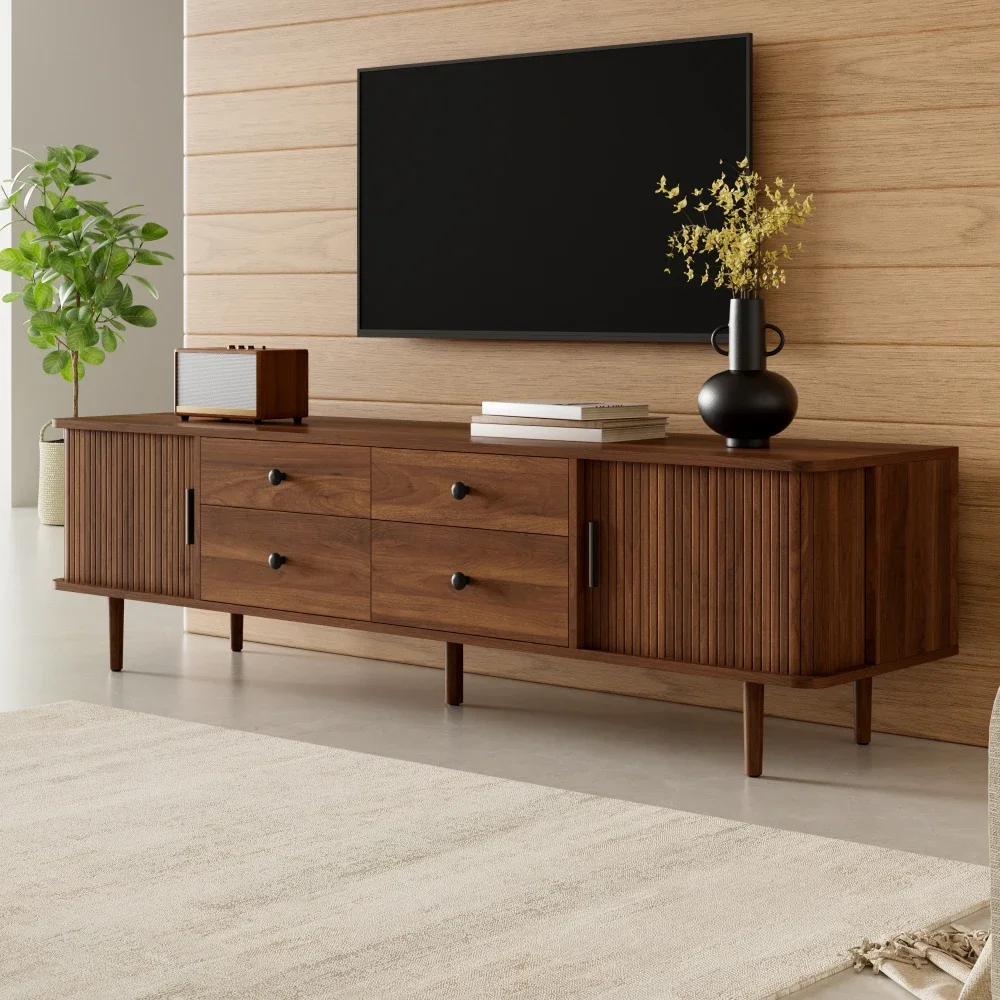 Mobile TV con 4 cassetti e 2 ante scorrevoli, mobile contenitore per l’area relax con vani portaoggetti, consolle moderna in stile scandinavo per il soggiorno, mobile TV con angoli arrotondati, mobili