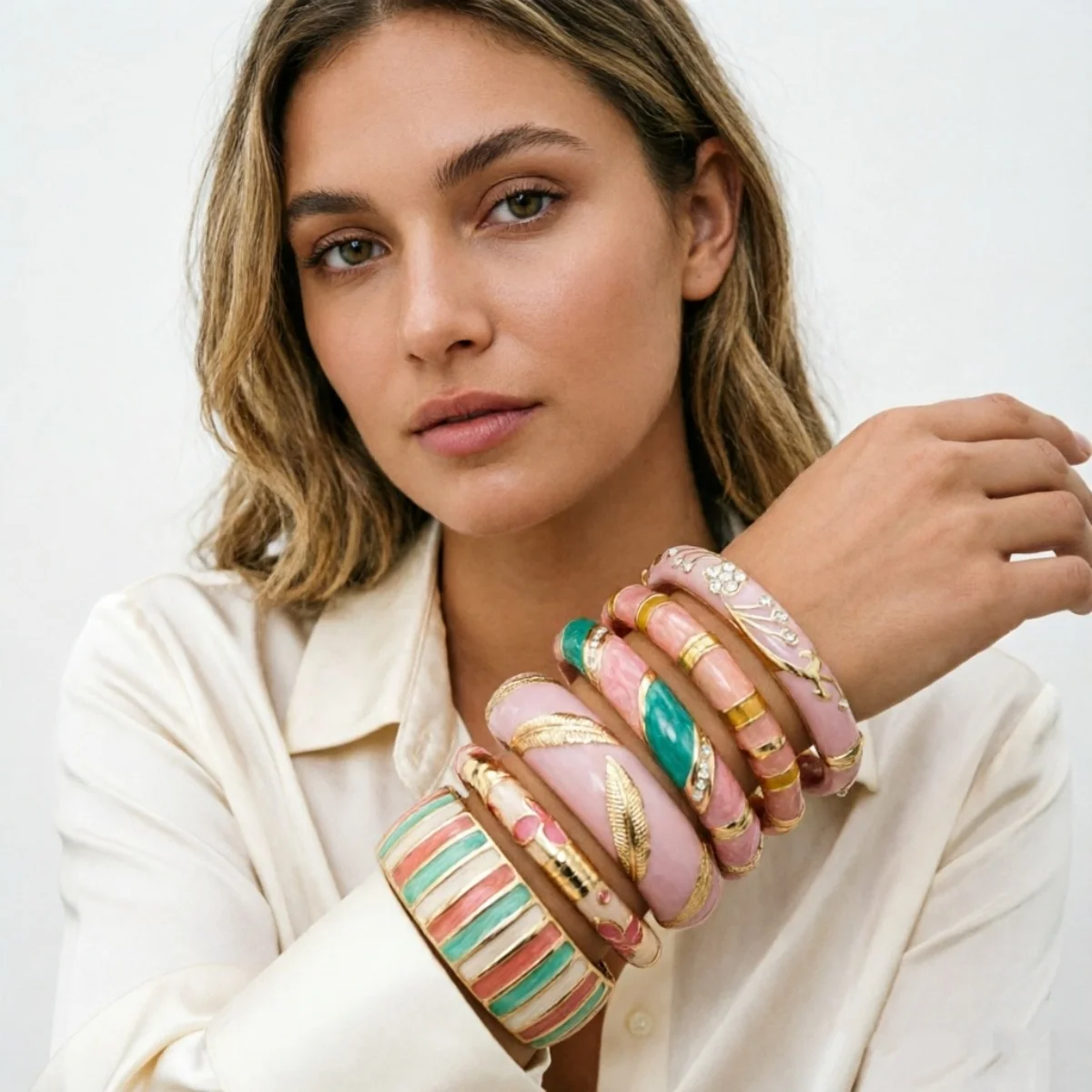 Vintage Pink-Serie Emaille-Manschettenarmbänder für Damen und Herren, Modisches Weichrosa Block-Muster mit Gedrehten Blättern, Blumen und Sternen, Armreif-Schmuck – Detail 18
