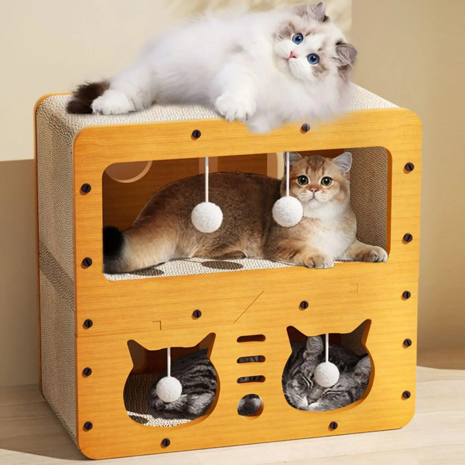 

2-Story Cat Scratcher House with Lounger Bed, Durable Cardboard Playhouse for Kittens and Small Pets