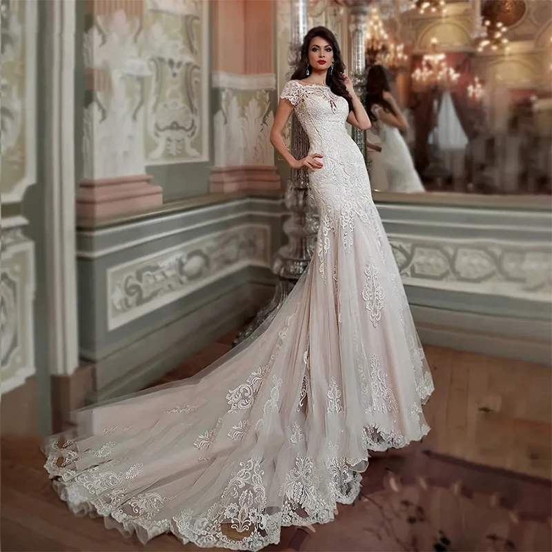 

Graceful Mermaid Wedding Dress Organza With Embroidery Slim-Line Ballgown O-Neck Shortsleeved Bride Customized Vestido De Novia
