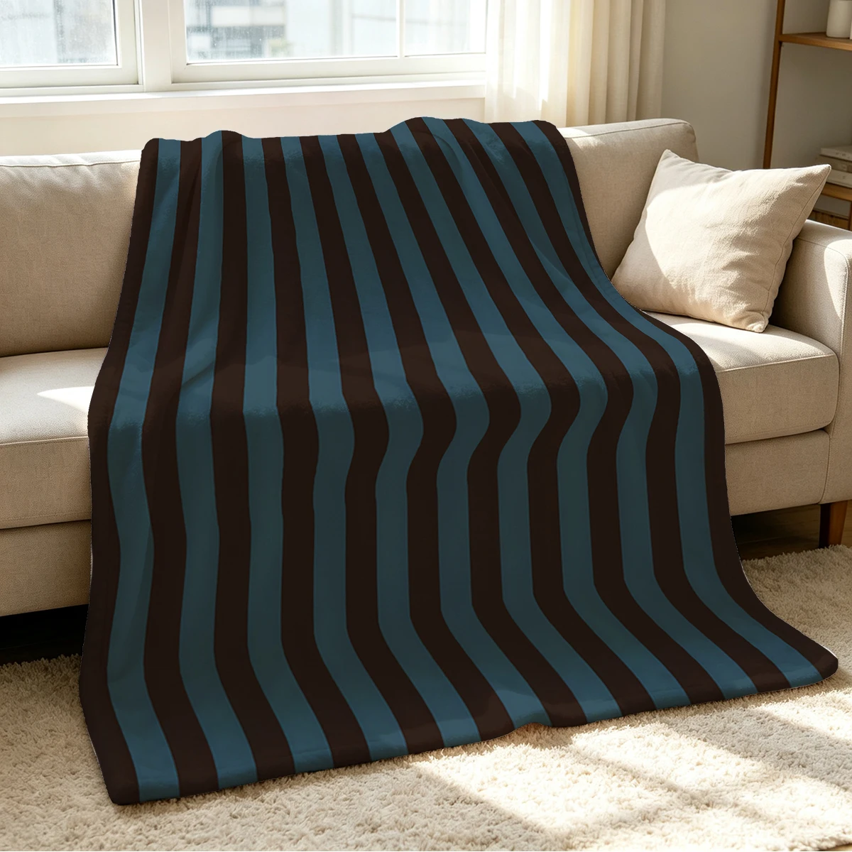 Brown Grey Blue Stripes Flannel Blanket Warm Soft Halloween Christmas Couch Warm Cozy Decorative Decor Gift for All Season