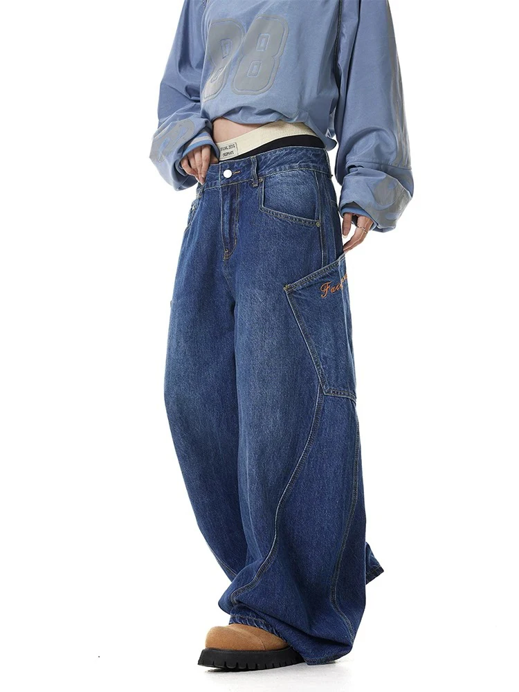 Retro Loose Women Jeans Fashion Street Slim High Waist Woman Jeans Blue Simple Basic Chicly Embroidered Wide Leg Pants Female