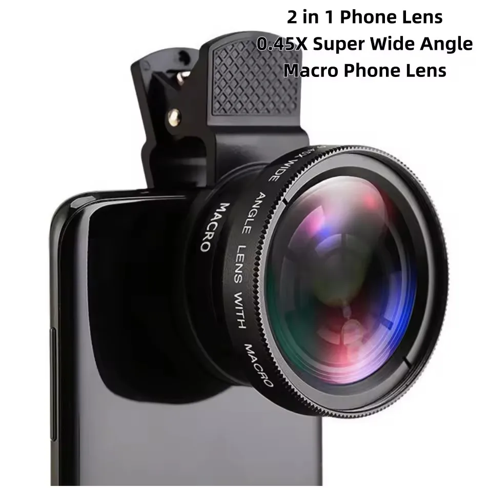 عدسة كاميرا الهاتف المحمول الجديدة 2 في 1 طقم عدسات بمشبك 37 مللي متر 0.45X 49UV زاوية واسعة للغاية وعدسة ماكرو HD