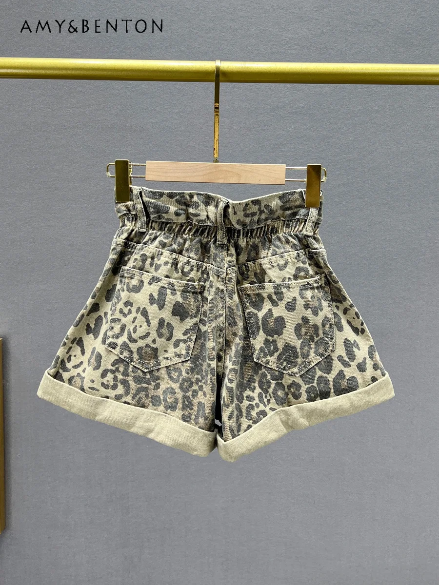 Pantalones cortos de mezclilla para mujer, Shorts de cintura alta, holgados, adelgazantes, estampado de leopardo, estilo Retro americano, Y2K, novedad de verano 2024