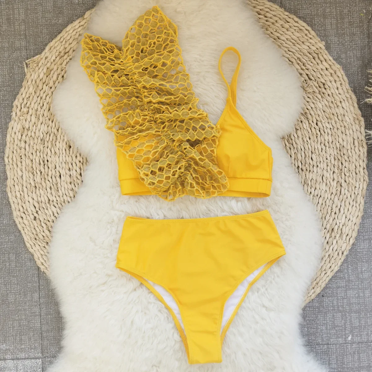 Gonna vintage in rete gialla Set bikini a 3 pezzi Costume da bagno donna con volant push up a vita alta 2025 Costume da bagno da spiaggia Costumi da bagno per le vacanze