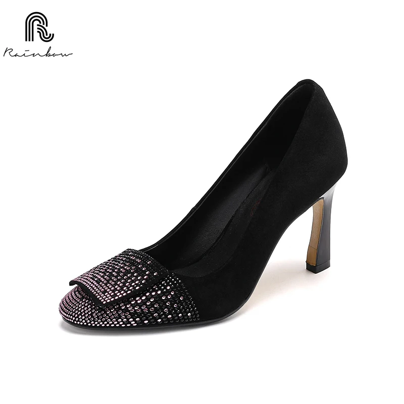 RAINBOW 33-40 New Luxury High Heels quality Genuine Leather Women 2025 Spring New Sexy comfort With Single Shoes Crystal Wedding