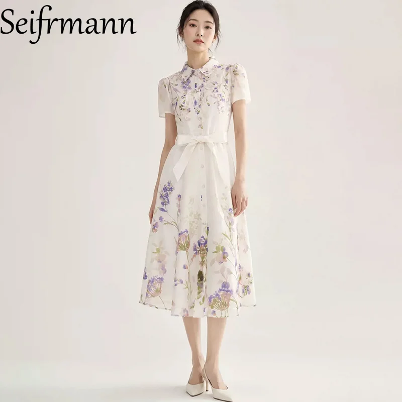 Seifrmann Casual Print Elegant Dress Lapel Short Sleeve Waist mid length Dress 2026 Summer Women's New Style