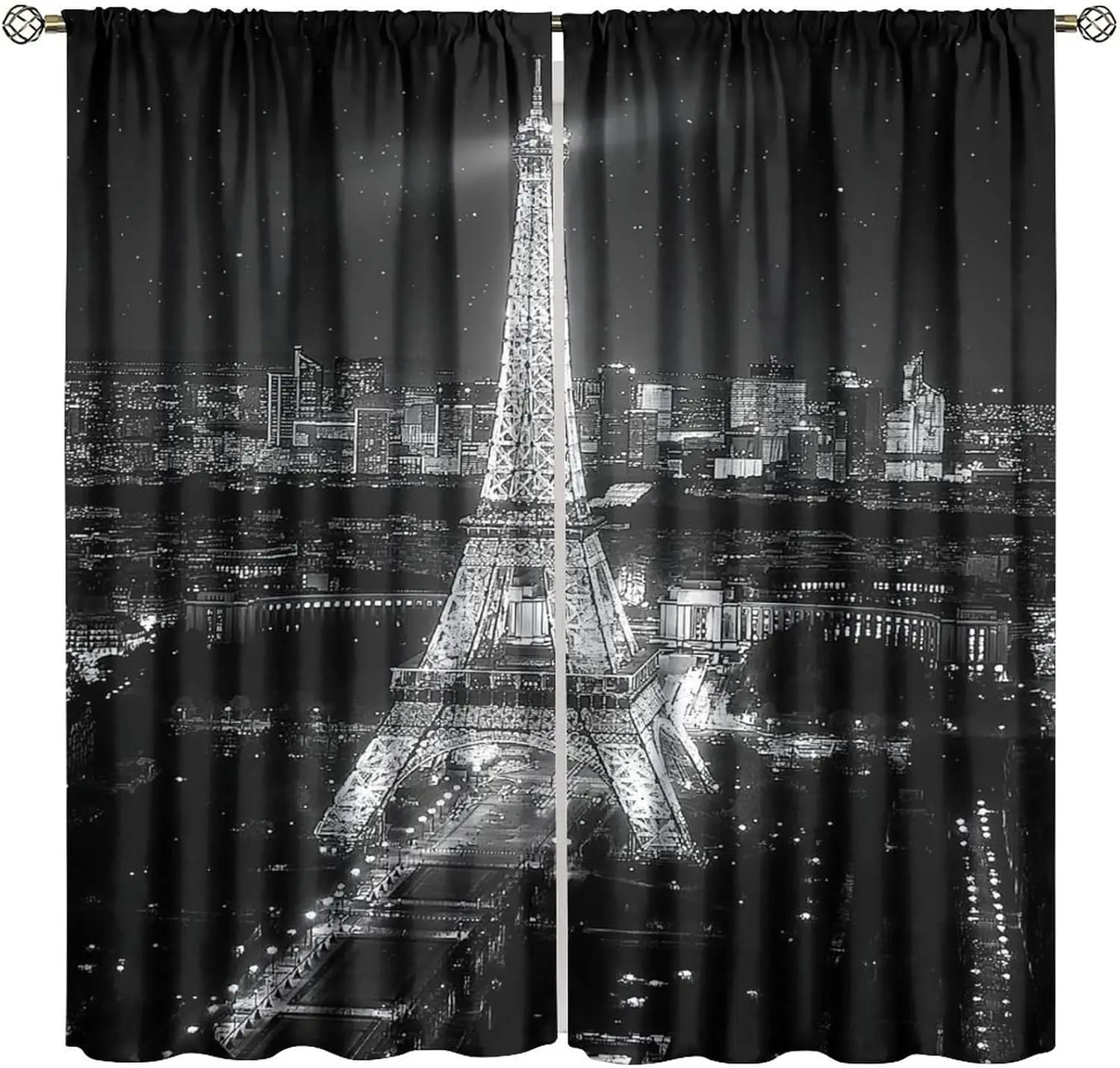 Modern Cityscape Curtains, Black White Urban Night Street Scenery Paris Eiffel Tower with Glitter Light View Drapes Blackout Rod