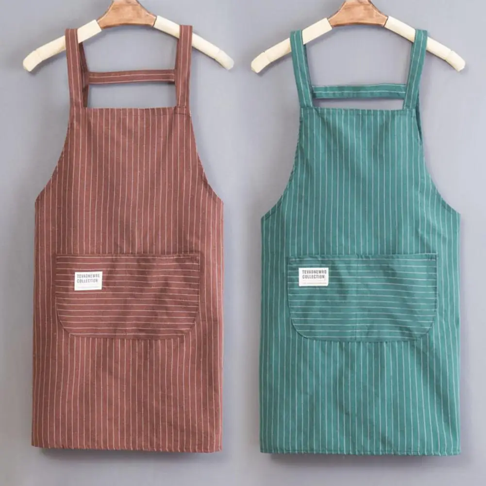 Cooking Apron Stripe Printing Sleeveless Bib Apron Front Pocket Kitchen Protector Apron Female Baking Doing Housework Clothes