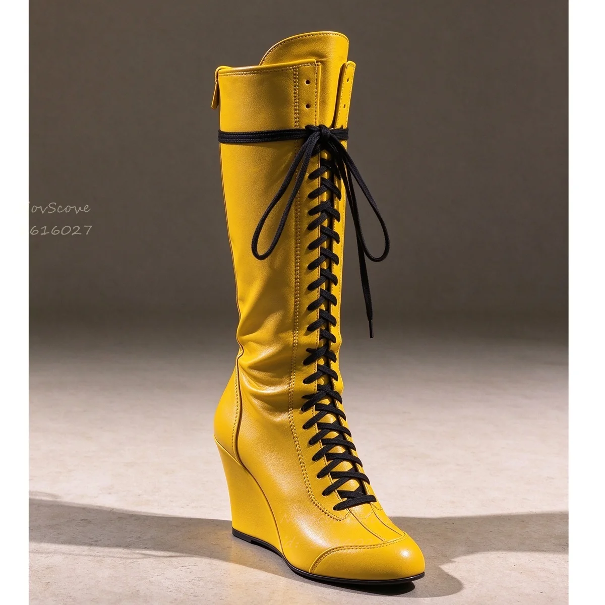 Round Toe Yellow Wedges Knee High Booties Front Lace Up Sewing Sexy Women Autumn Party Daily Causal Shoes Winter Long Booties