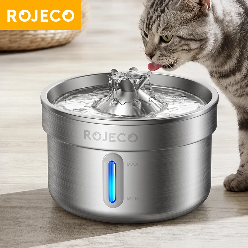 ROJECO Edelstahl-Trinkbrunnen für Katzen, automatischer Trinkbrunnen für Haustiere, für Katzen und Hunde, wiederaufladbarer Wasserreiniger für Haustiere