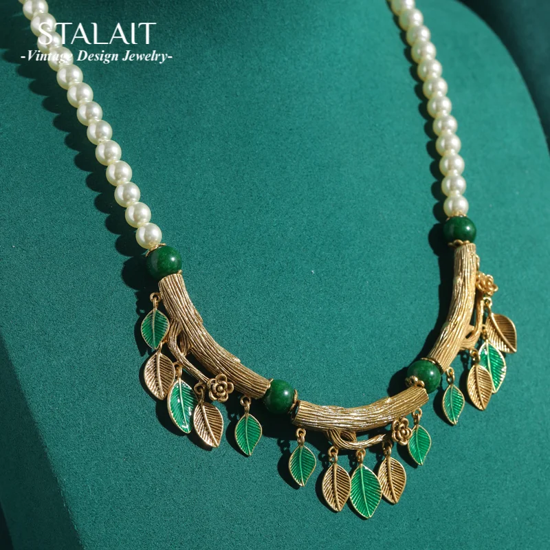 

Vintage Pearl Necklace Woman Chain Choker Tassels Branch Leaf Antique Gold Color Luxury Designer Jewelry 2025 Wedding Christmas