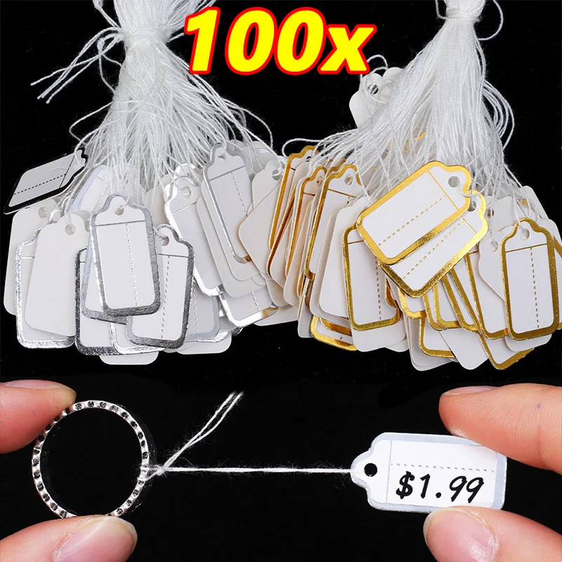 100Pcs/lot Paper Price Tags Diy Blank Jewelry Labels Business Cards Ties String Jewelry Display Label Gold and Silver Small Tag