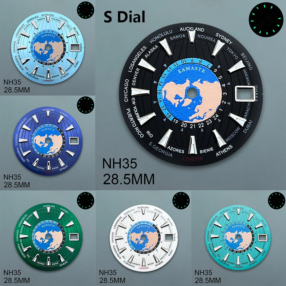 

Циферблат с логотипом S, 28,5 мм, подходит для механизма NH35/NH36/4R/7S, зеленый светящийся, новый, высокое качество, аксессуары для модификации часов с картой мира