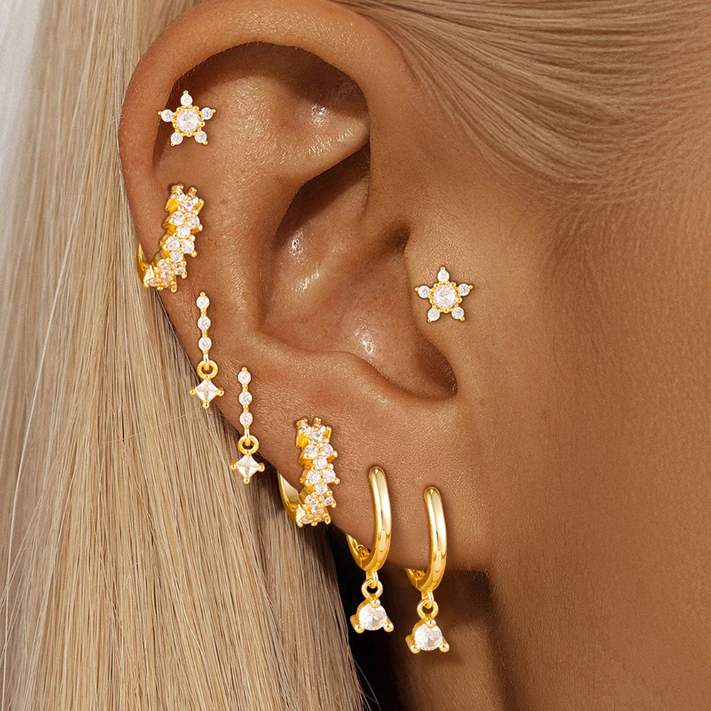 4PCS/8PCS Unique Stainless Steel Zircon Flower Ear Studs Set For Women Geometry Hoop Earring Fashion Daily Wear Jewelry
