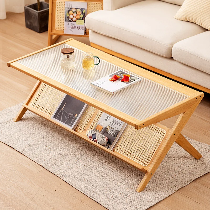 

Coffee table living room household small apartment solid wood coffee table simple modern tempered glass tea table Japanese