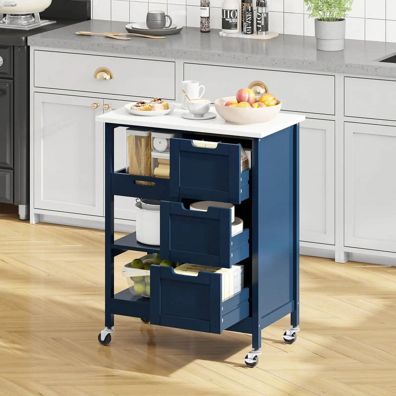  3 Tier Kitchen Island Cart with Storage Rolling Kitchen Cart with Large Countertop, Opening Shelves and Drawers