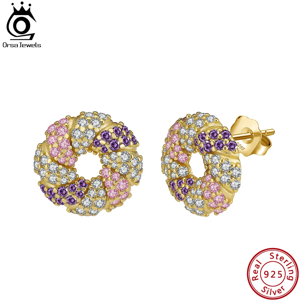 

ORSA JEWELS Pink White Purple Cubic Zirconia Round Donut Earrings 925 Sterling Silver Studs Earrings Cute Style Jewelry EQE115