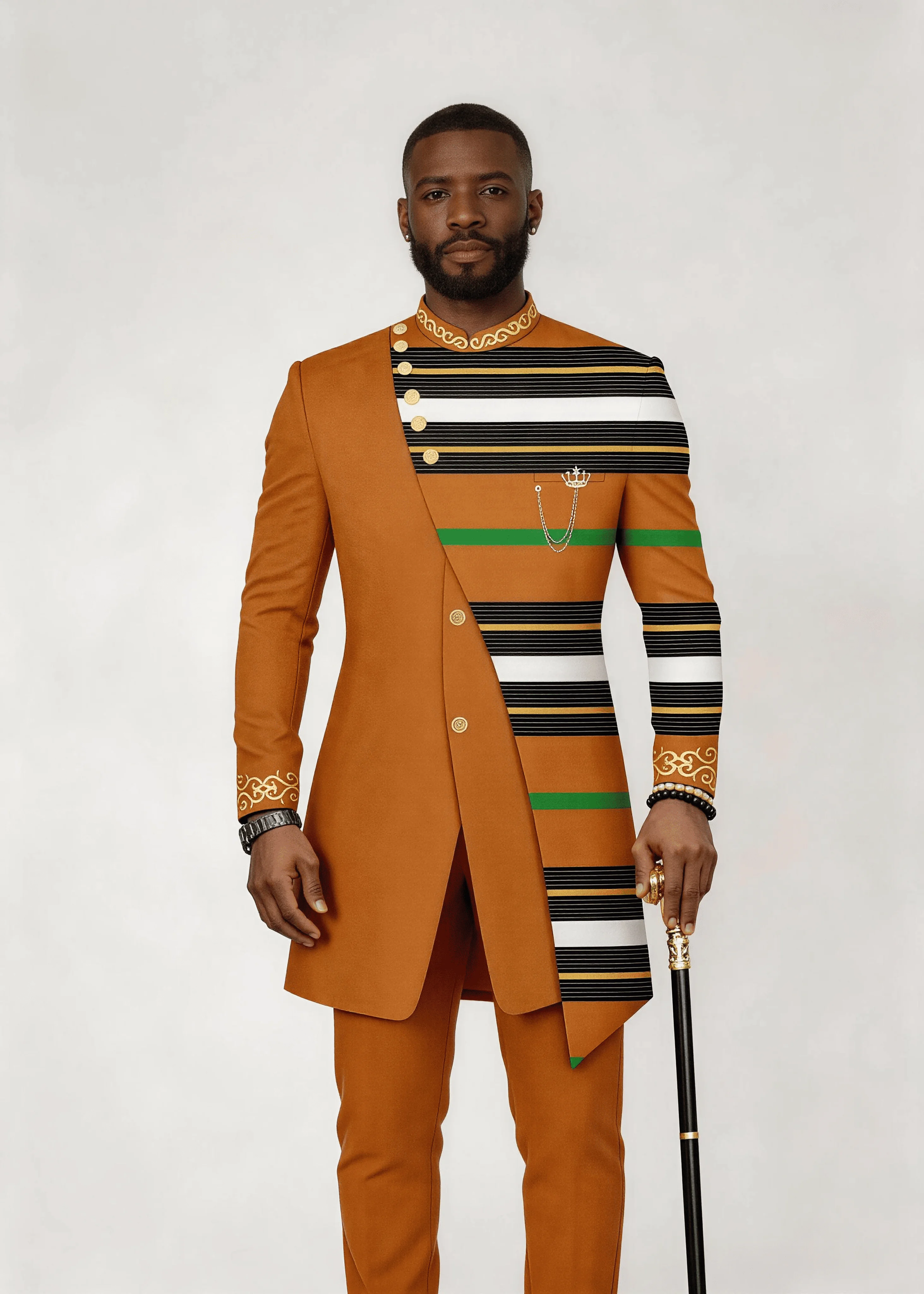Men’s Caramel Solid & Colorful Stripe Patchwork Formal Wear Set Stand Collar 2 Piece Wedding Groom Tunic Jacket & Pants Prom Hom